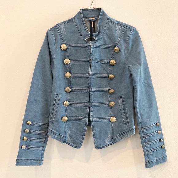 Free People Embellished Denim Military Jacket Sz:L - Picture 5 of 8